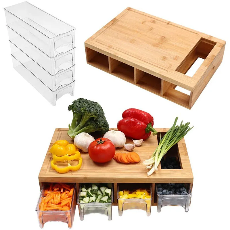Оптовая продажа Бамбуковая разделочная доска с 4 ящиками для кухни приготовления пищи