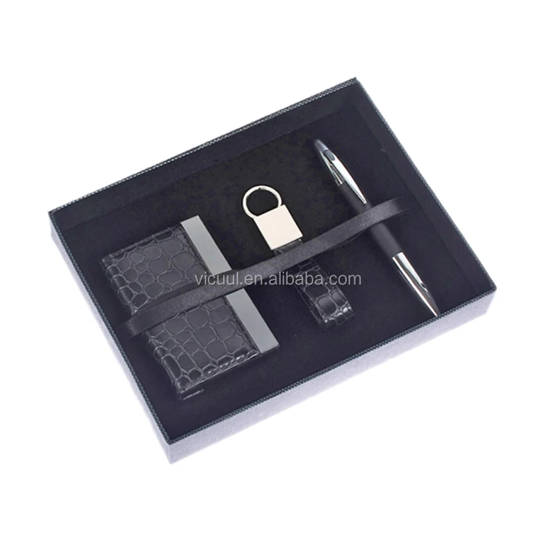 Metal and PU leather name card holder+keychain+pen corporate business gift set