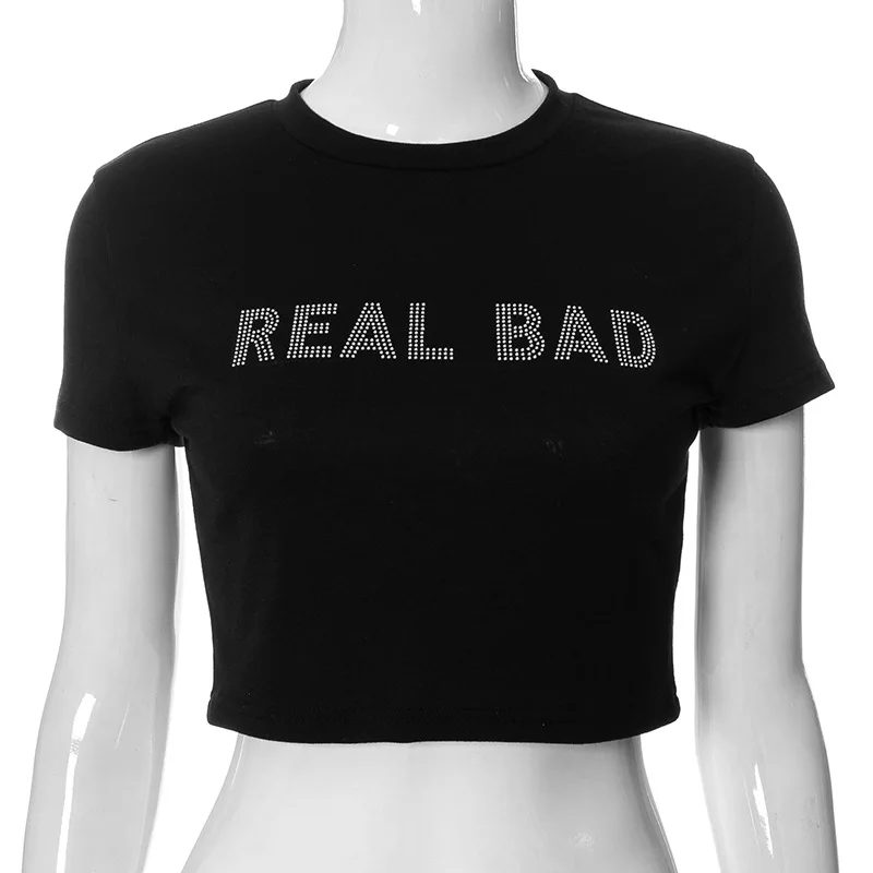Manufacturer Custom Wholesale Cotton Cotton Short Women Summer Rhinestone Stretchy Crop Top Tee T-shirts
