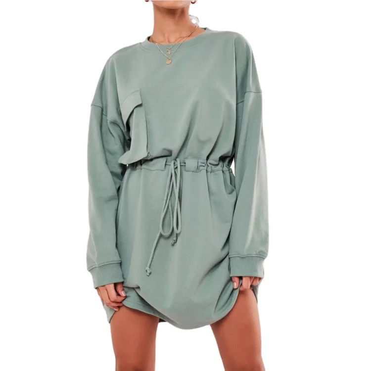 
New Arrival Wholesale Terry Casual Dress Women Mint Tie Waist String Pocket Sweater dress 