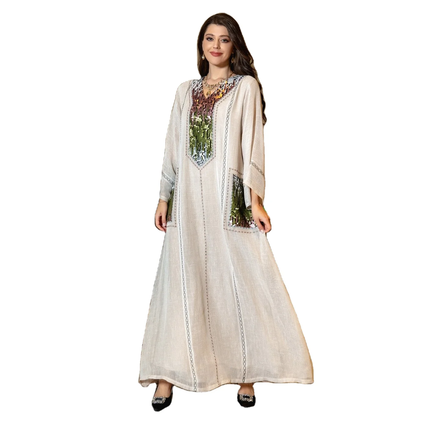 2024New Dubai Luxury Modest Abaya Dress For Women Arab Moroccan Fashion Sequin Long Sleeve Loose Robe Kuwait Gulf Muslim Eid