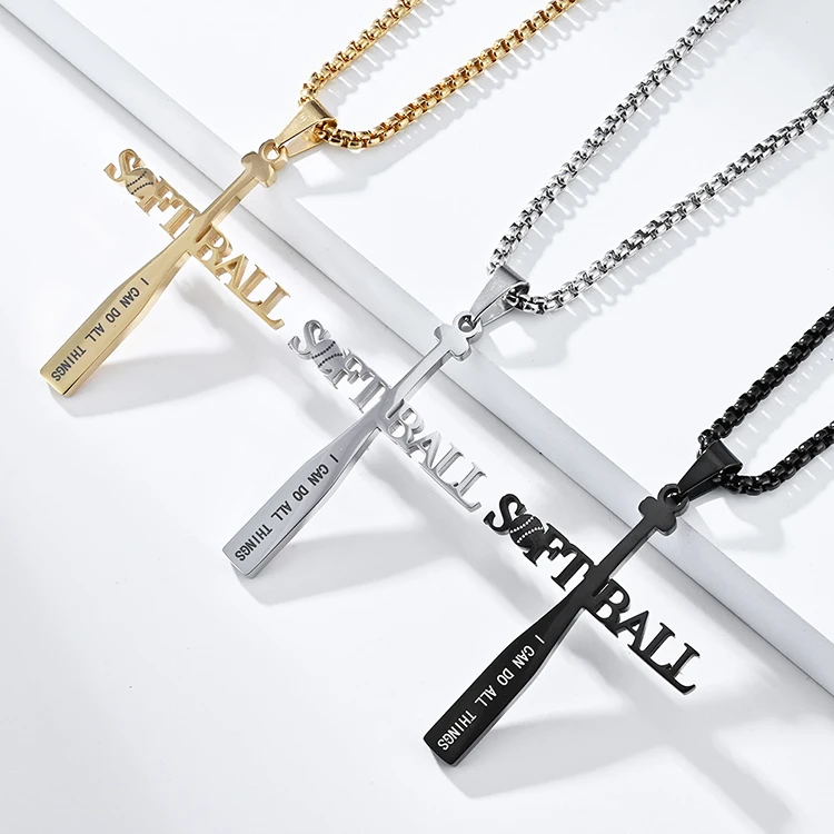Fashion New Baseball Cross pendant Stainless Steel Necklace gold plated Sports Baseball Pendant for men