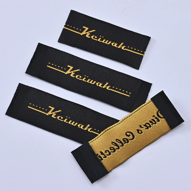 High quality Golden Black Logo Design Labels For Clothing Sew On Clothes Garment Fabric Woven Labels