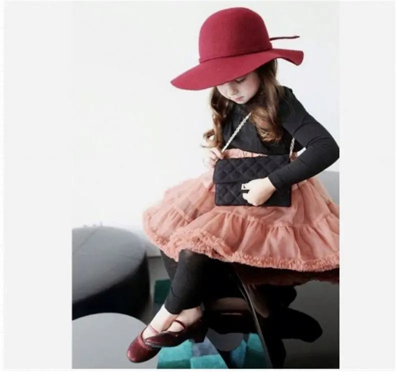 Autumn Winter Warm Kids  Girls Vintage Wide Brim Cap Soft Wool Felt Bowknot Bowler Floppy Children Sun Hat Beach Hat