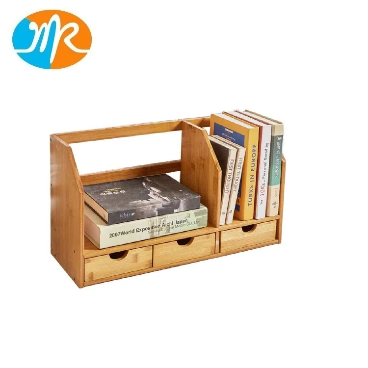 Desk Organizer with 3 Drawers Bamboo Wood Desktop Bookshelf Office Supplies Display Shelves