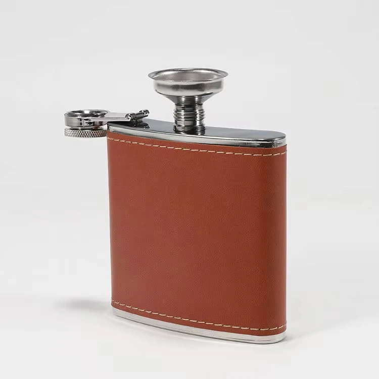 Custom 6 oz Stainless Steel Mini Hip Flask Whiskey & Liquor Funnel Gift Set with Black PU Leather Travel Case Wine Drinkware Use
