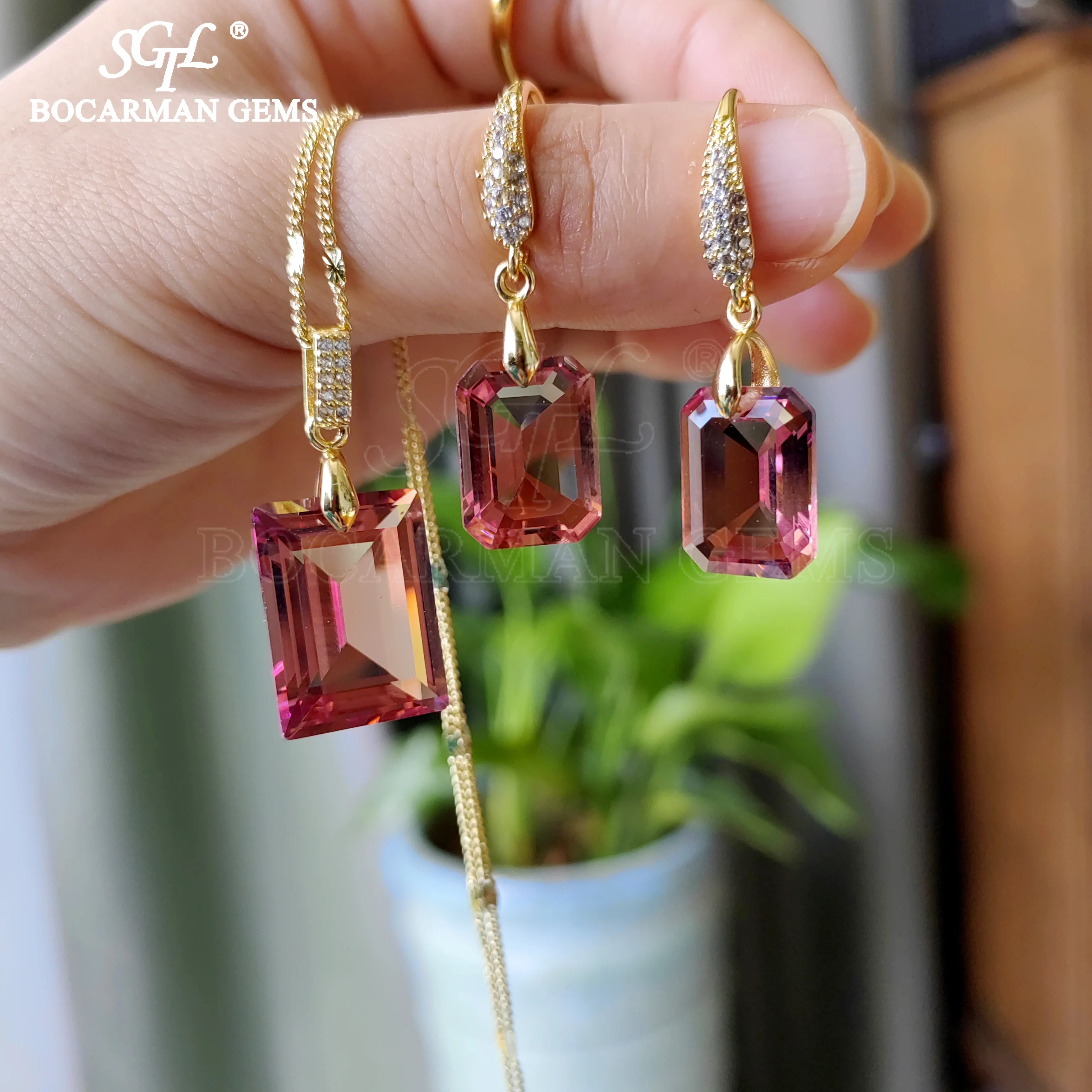 Bocarman new Turkish color changing sultanite earrings Ring Pendant three-piece set of jewelry bride, party accessories