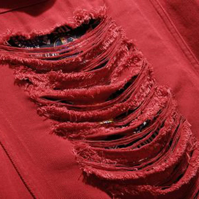 New Fashion Denim Jacket Street Style All-match Red Black Ripped Men Jean Jackets