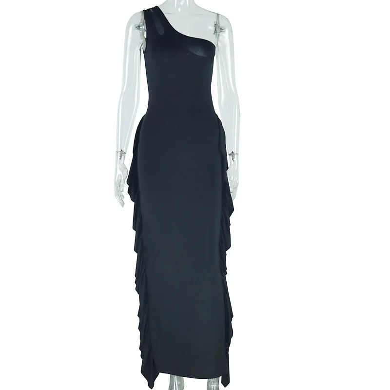 Women Sleeveless slimming Sexy Slanted collar flower sexy sleeveless hip wrap Sexy Slim Ruffled Dresses