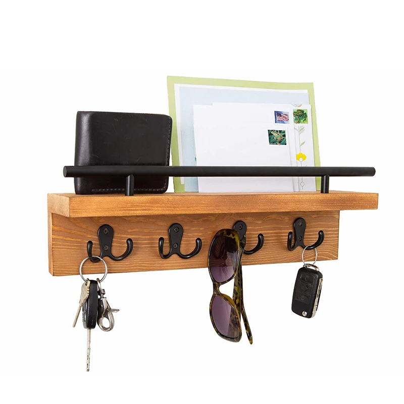 Vintage wooden wall key holder Four Hooks Wooden Wall Unit Mail Storage Box Wall Mounted Storage Rack