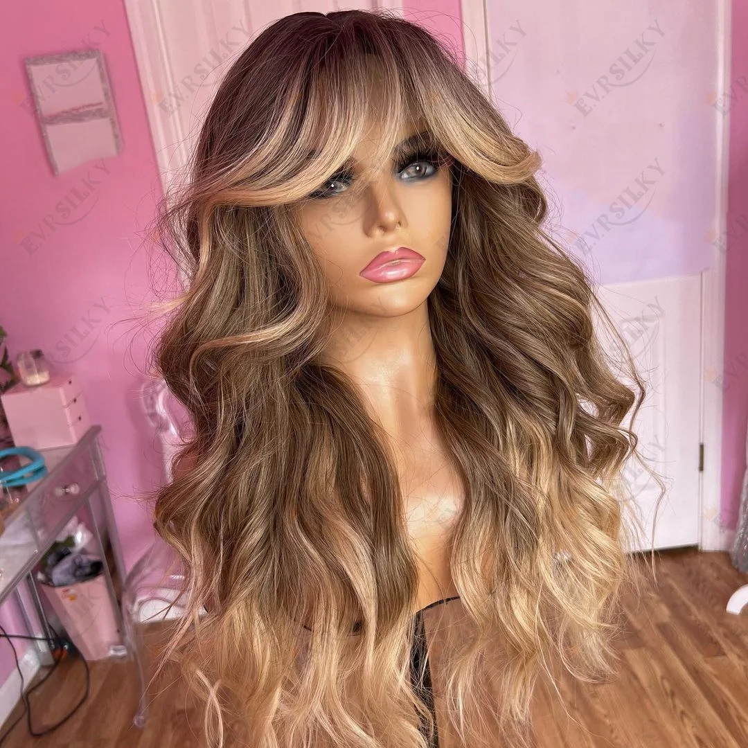 13x4 Ombre Blonde Bangs  Lace Frontal Wig Brazilian Remy  Lace Front Human Hair Wig with Fringe Glueless Wig
