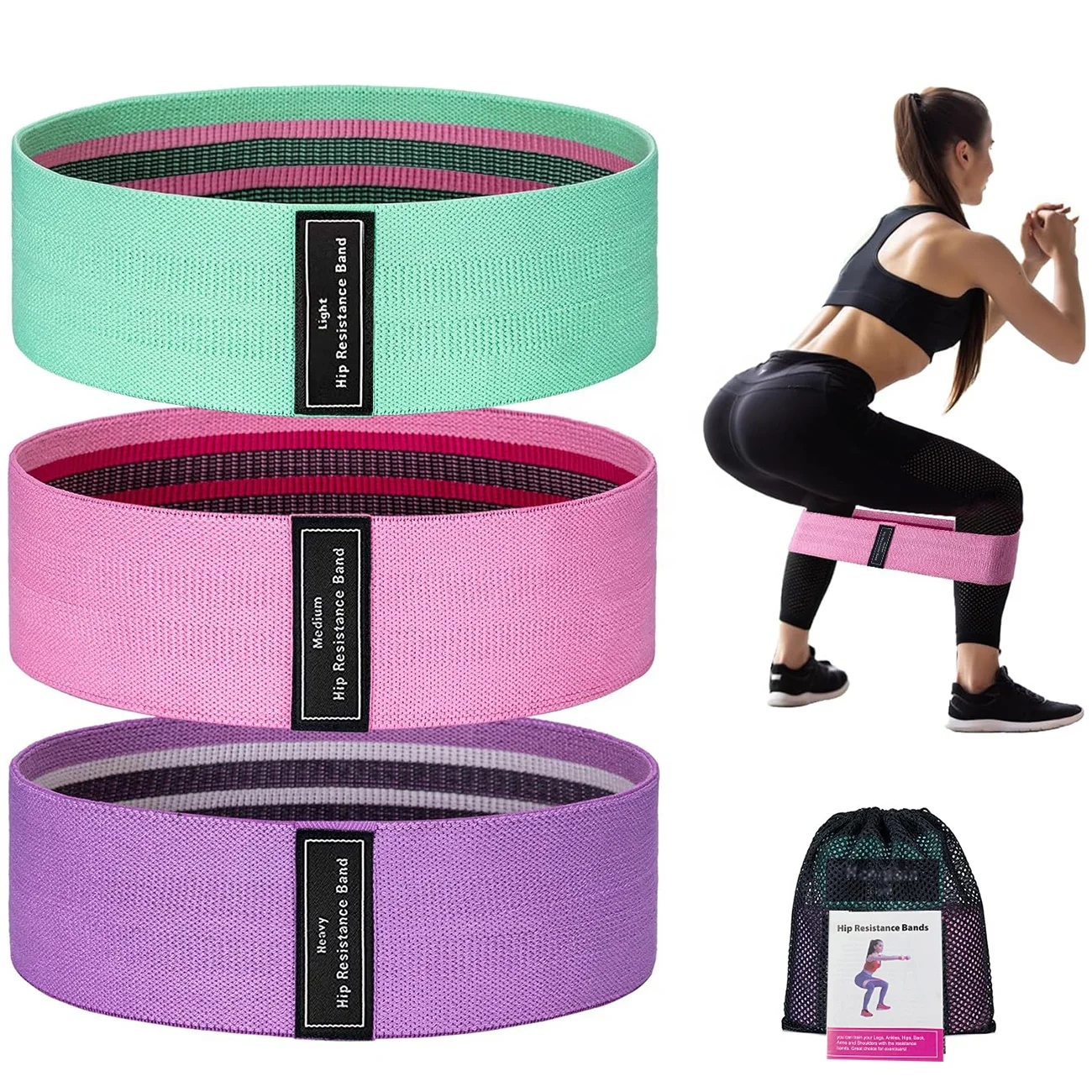 fabric hip booty exercise resistance bands set custom logo Wholesale loop elastic Yoga workout gym home fitness bands set S/M/L