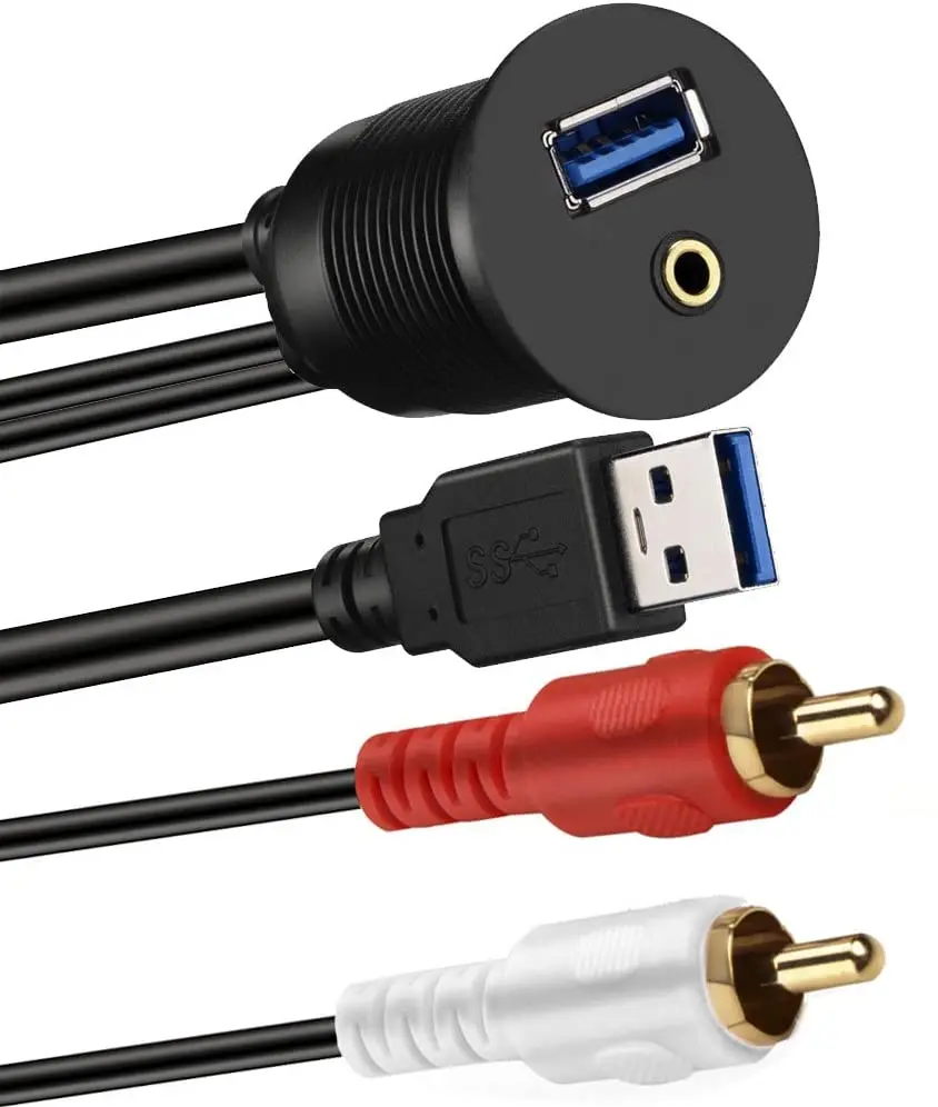 Sinasolar DMF-KSV/2R USB3.0 & AUX to RCA Dashboard Waterproof Flush Car Mount for Car Truck Dash Panel Extension Cable