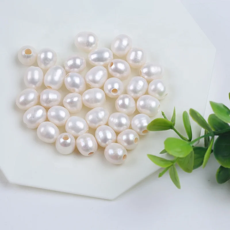 9-10mm Natural white freshwater rice loose pearls drilled 3mm big hole for DIY jewelry accessories