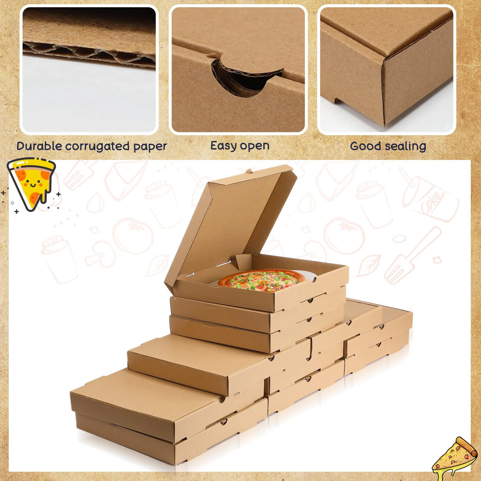 OEM OBM Kuoshi Custom Cheap Biodegradable Different Sizes 9 11 12 13 14 15 16 18 Inch Takeaway Pizza Boxes Kraft Paper With Logo
