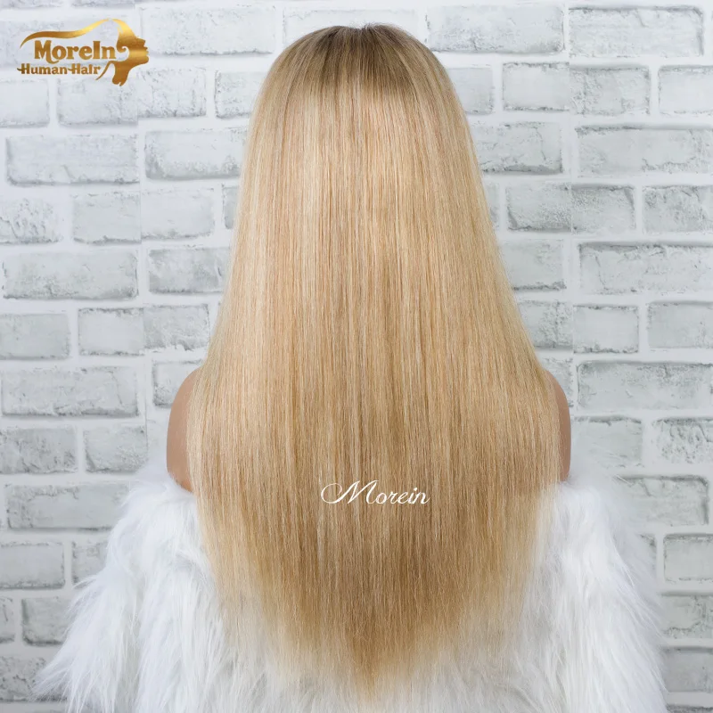 
HD natural pre plucked silk base 27 13x6 100% cheap lace front ombre straight human hair wigs brown blonde highlight wig 