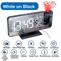 0-100% Dimmer 180 Rotatable USB Rechargeable LED Digital Projection Electronic Alarm Clock with Time Projector and FM Radio