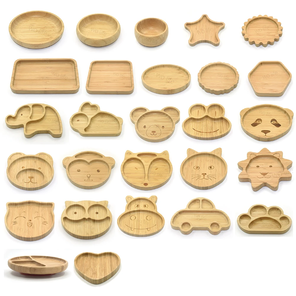 Baby Bamboo Wood Dinner Plate High Quality Bamboo Fiber Lunch Plate Cute Rabbit Shaped Bamboo Plate with Silicone Suction Cup