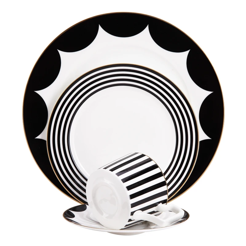 Tableware Black And White Bone China Ceramic Dinnerware Set China Supplier Pastoral Style Kitchen Tableware