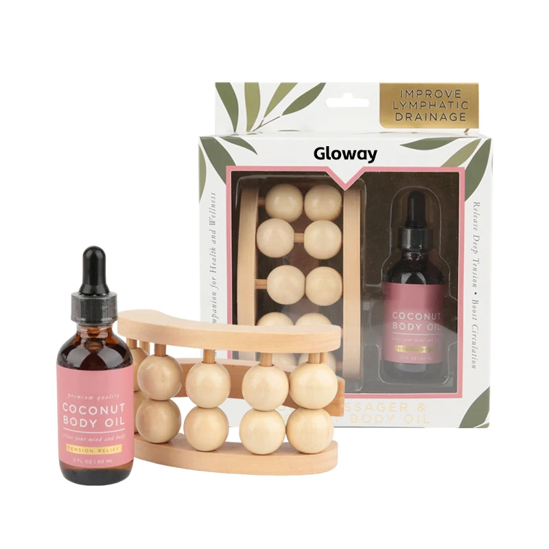 Coconut Oil and Wooden Massage Roller Set Relaxation Lymphatic Massage Kit with Coconut Oil Deep Tissue Wooden Massager