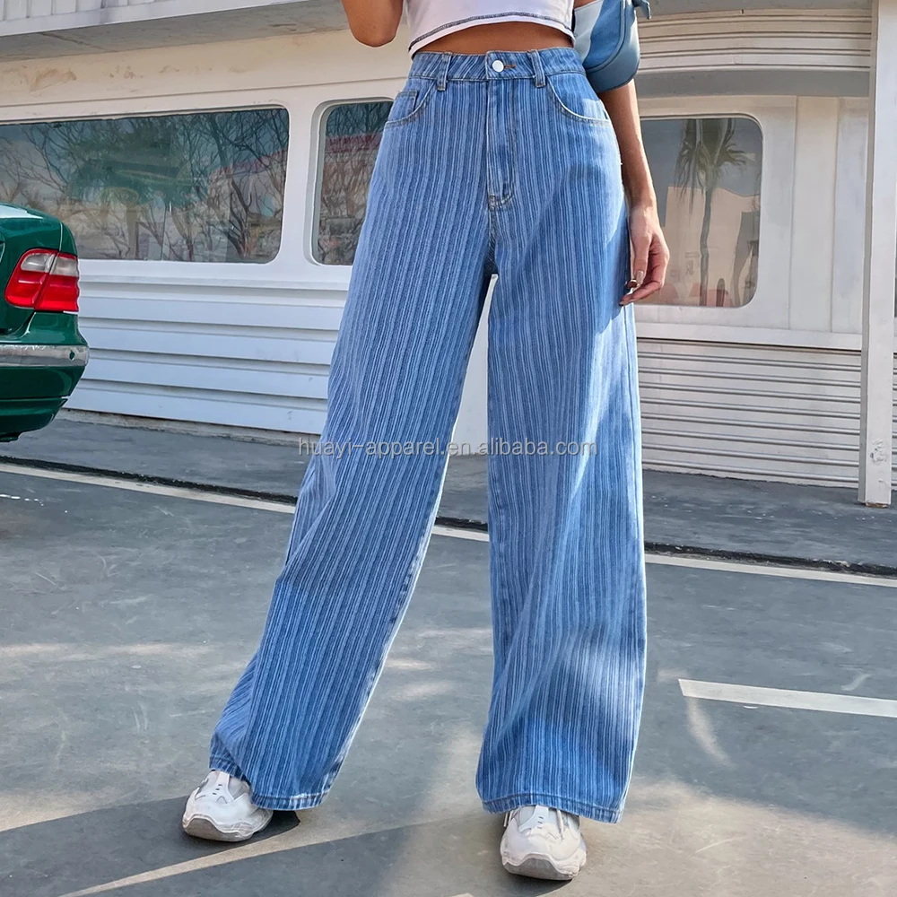 Женские джинсовые штаны и брюки большого размера в полоску с широкими штанинами