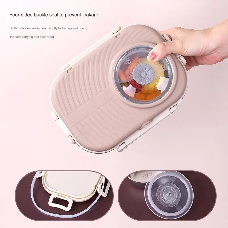 3 Compartments Bento Lunch box with Soup Bowl Steel Camera Lunch Containers Leak Proof Bento Box for Kids Adults with Cutlery