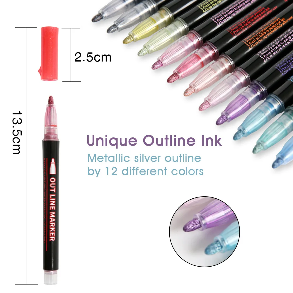 
12 colors Outline Marker pen, High Quality Fine colour Markers Double Line Pen metallic Outline Marker 
