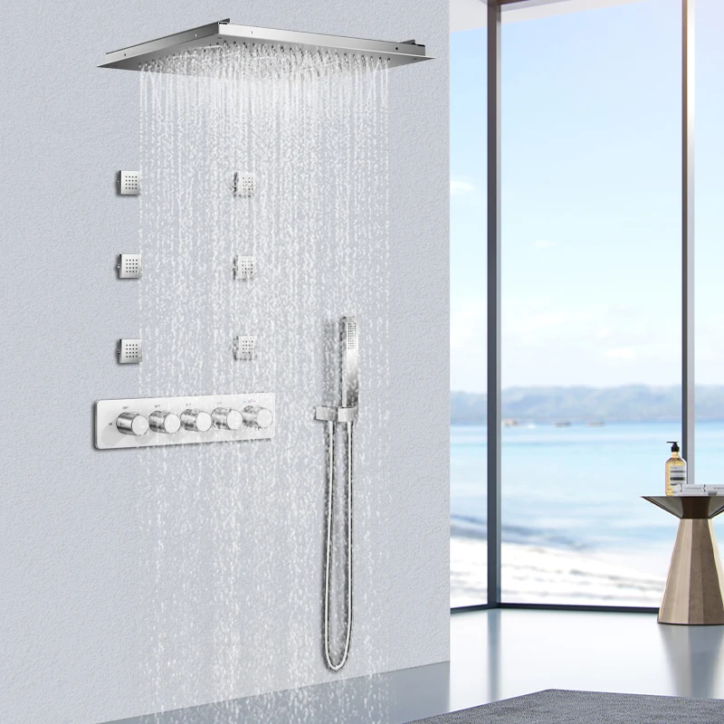 Thermostatic Shower Body Sprays Systems Wall Mounted 12 Inch LED Rain Shower Faucet Set Allow Multiple Heads to Function at a Ti