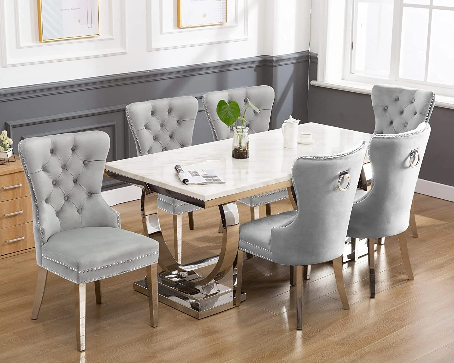 European Hot sale wholesale Popular velvet dining chairs grey soft fabric chairs with button dinning chairs for restaurant