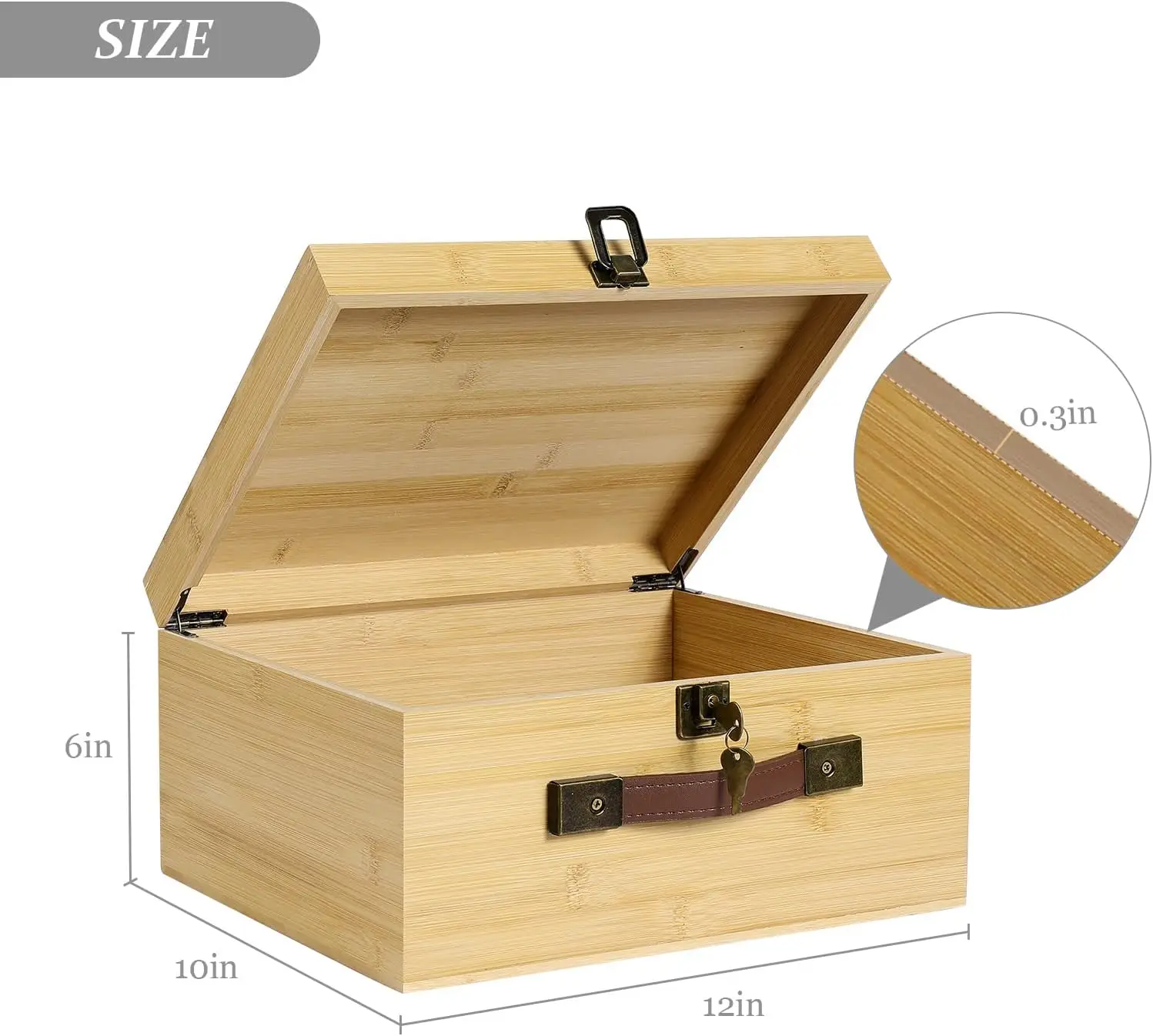 Large Bamboo Wood Storage Box with Lock Keys Hinged Lid PU Leather Handles Lidded Natural Wooden Storage Bins Basket