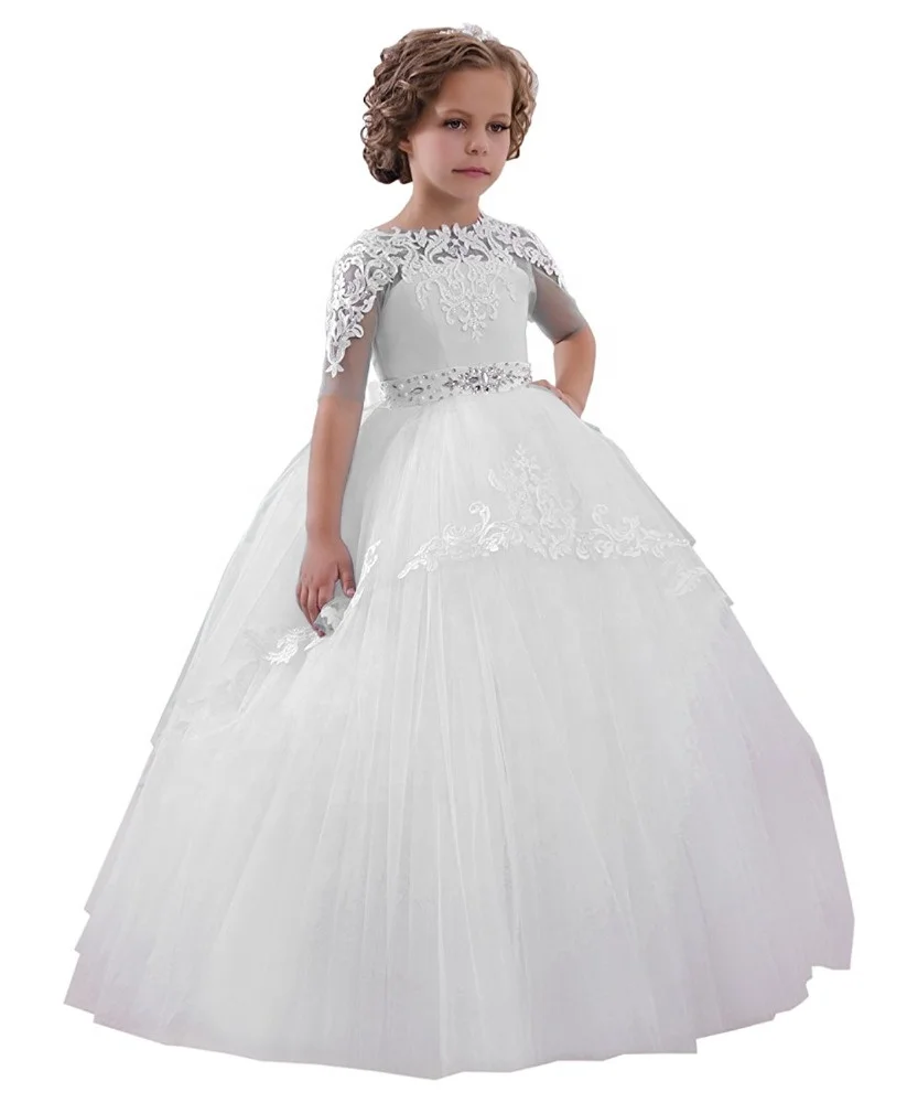short sleeves first communion dresses for girls white 2-12years long ball gown girls party dress 2018 flower girl dress