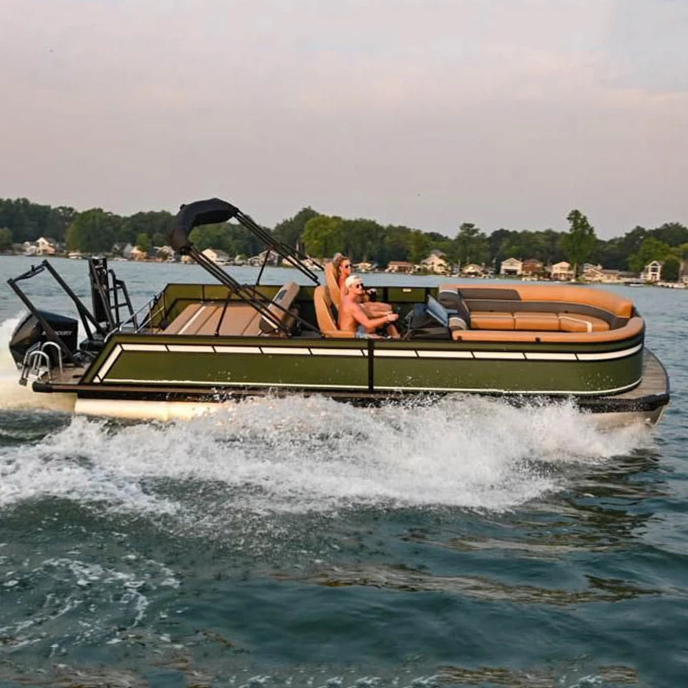2024 High-Speed Aluminum Hull Barge Floating Pontoon Boat with Tent Luxury Yacht with Outboard Engine