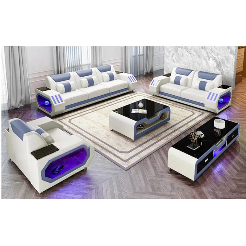 furniture factory provided living room sofas modern style genuine leather sofa  u shaped corner sofa design Led light set ly001