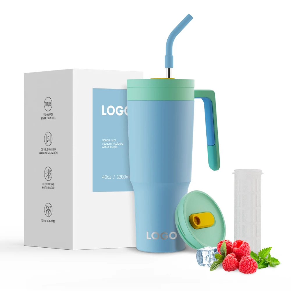 40oz Insulated Tumbler with Handle,Straw ,Fruit Infuser Stainless Steel Double Wall Sweat Proof BPA Free