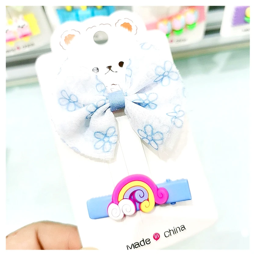 Wholesale 2 Pcs Custom Design Fabric Bow Hair Clip Baby  Accessories Painted Duck Bill Rainbow Kids Clips Boho