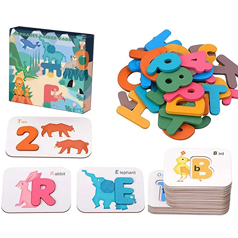Alphabet Numbers Flash Cards for Toddlers 3-6 Years, ABC Learning Toys Wooden Letters and Numbers Animal Card Board