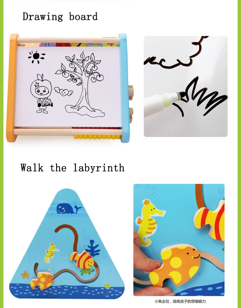 5 in 1 Wooden Baby Activity Triangle cube Abacus Clock Wooden Alphabet Blocks Drawing board Montessori Toy