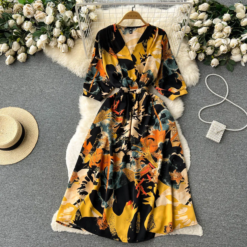 Summer Full Sleeve V-neck Floral Chiffon Casual Dress Women High Waist Midi A-Line Dress Ladies Retro Dresses Clothes Women