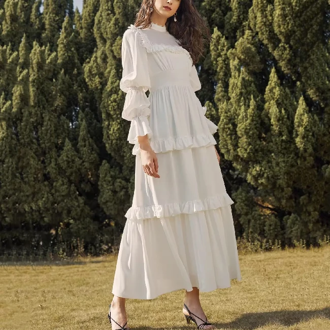 Fashion Casual Women Street Wear Long Gathered Sleeve Layered Ruffle Maxi Dress