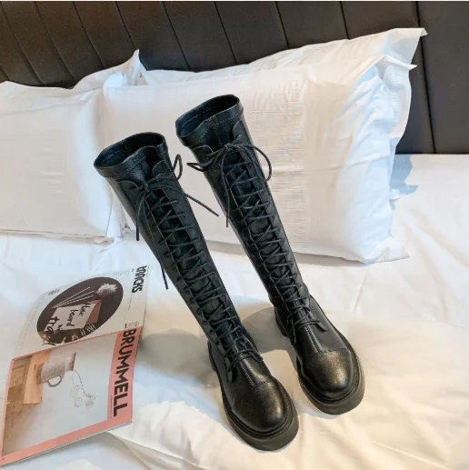 
Hot sale high boots lace up leather boots women warm knees ladies platform shoes boots 