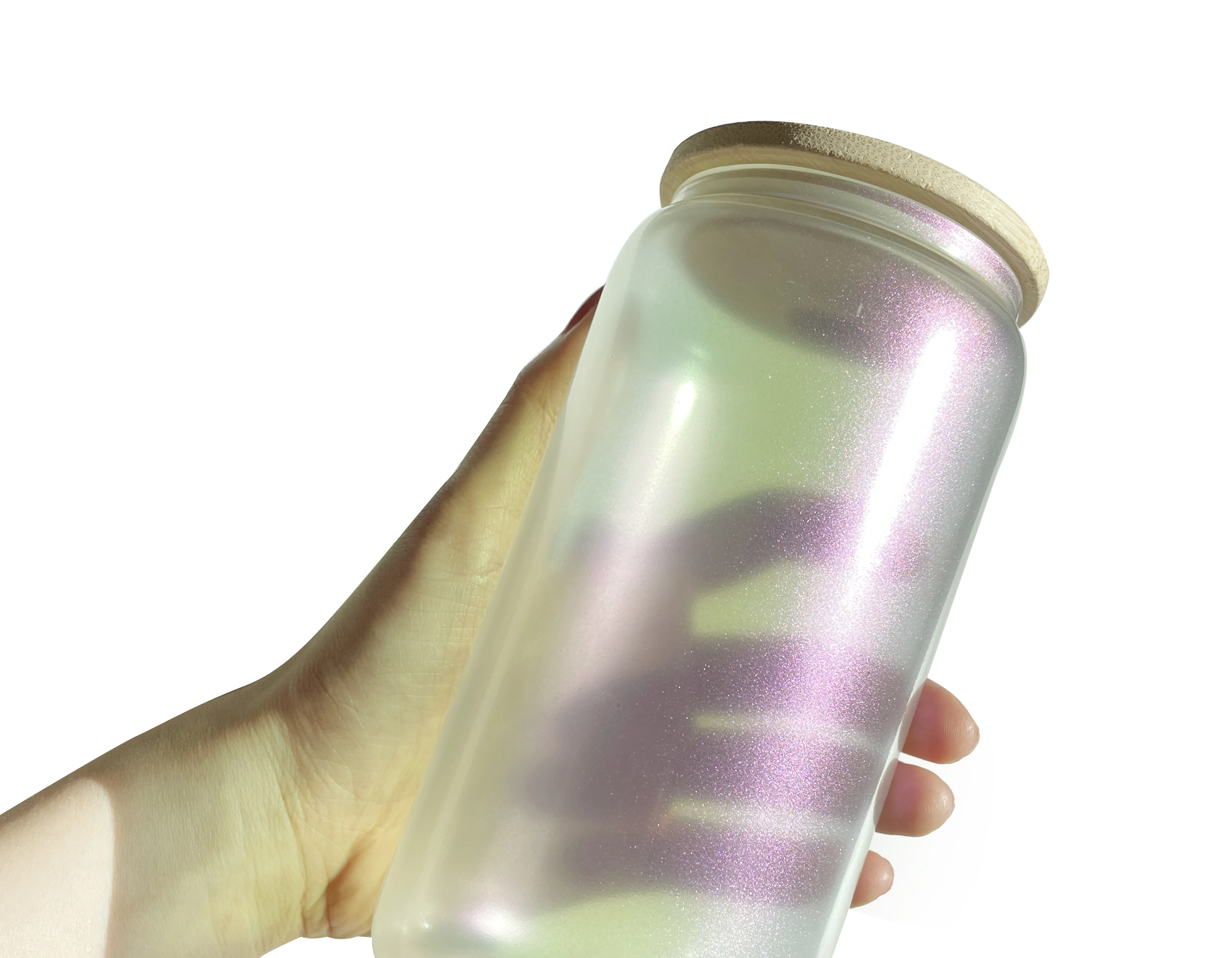 US free shipping 16oz beer juice iced rainbow glitter can shaped coke sublimation iridescent beer glass can with bamboo lid lid