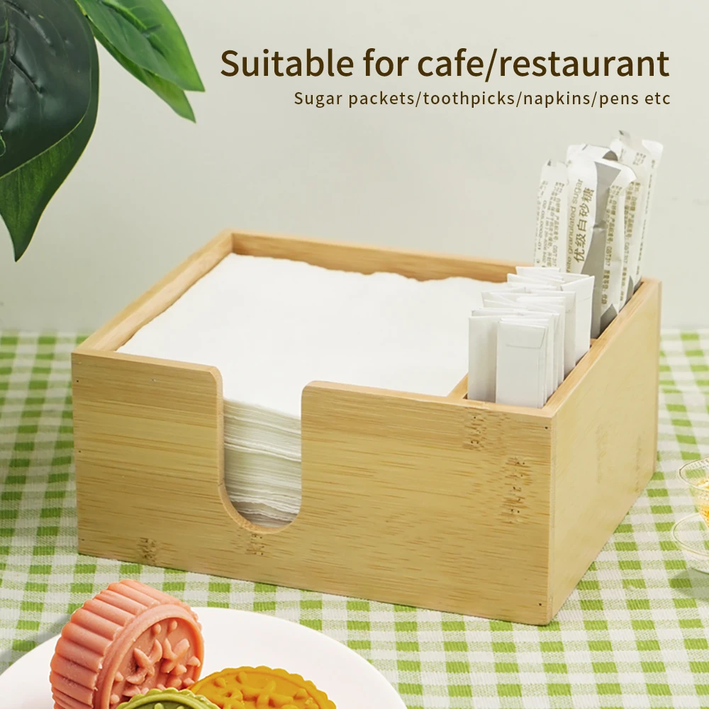 Custom Design Restaurant Home Kitchen Dining Table Bamboo Tissue Box Holder Napkin organizer with divider storage