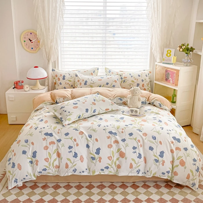 Wholesale Four-Piece Aloe Vera Cotton Bedding Set Fresh Small Students Dormitory Friendly Bed Sheet Quilt Cover Pillowcase Set