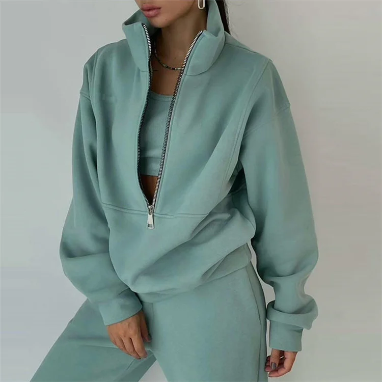 Custom Women Sweat Suits Set Fleece Pullover Sweatshirt Mint Oversize Half Zip Up Hoodie