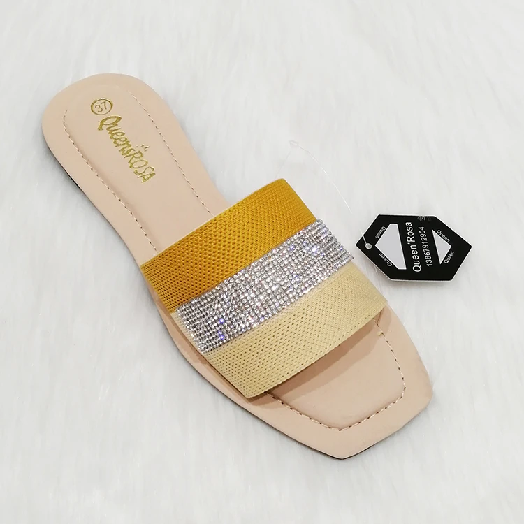 Summer latest flying woven material with diamond soft and breathable ladies women girls flat slippers