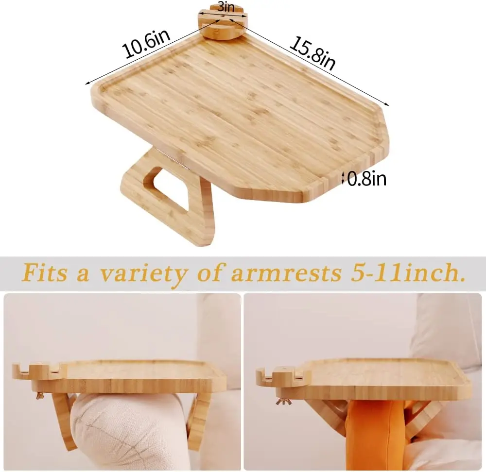 Foldable Couch Cup Holder For Couch Bamboo Couch Arm Tray with Rotating Phone Holder