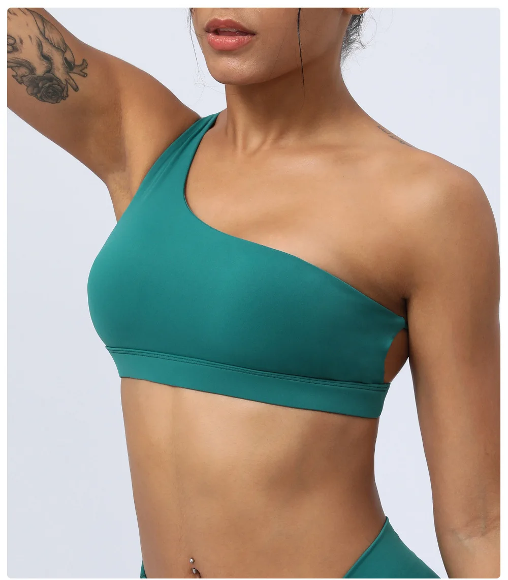 Women Custom One Shoulder Push Up Buttery Soft Lightweight Gym Fitness Beauty Back Top Single Shoulder Thin Straps Sports Bra