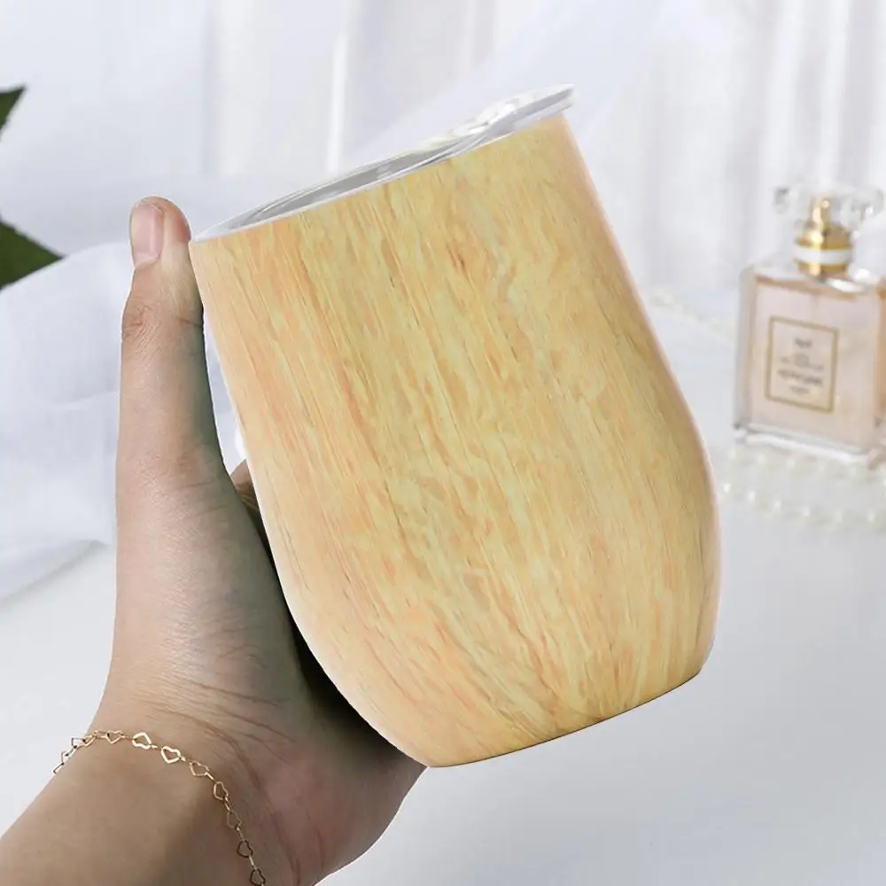 2022 Sweat Free Double Wall Vacuum Insulated Wine Tumbler 12 oz Wooden Grain Egg Cup For Coffee/Wine/Ice Cream