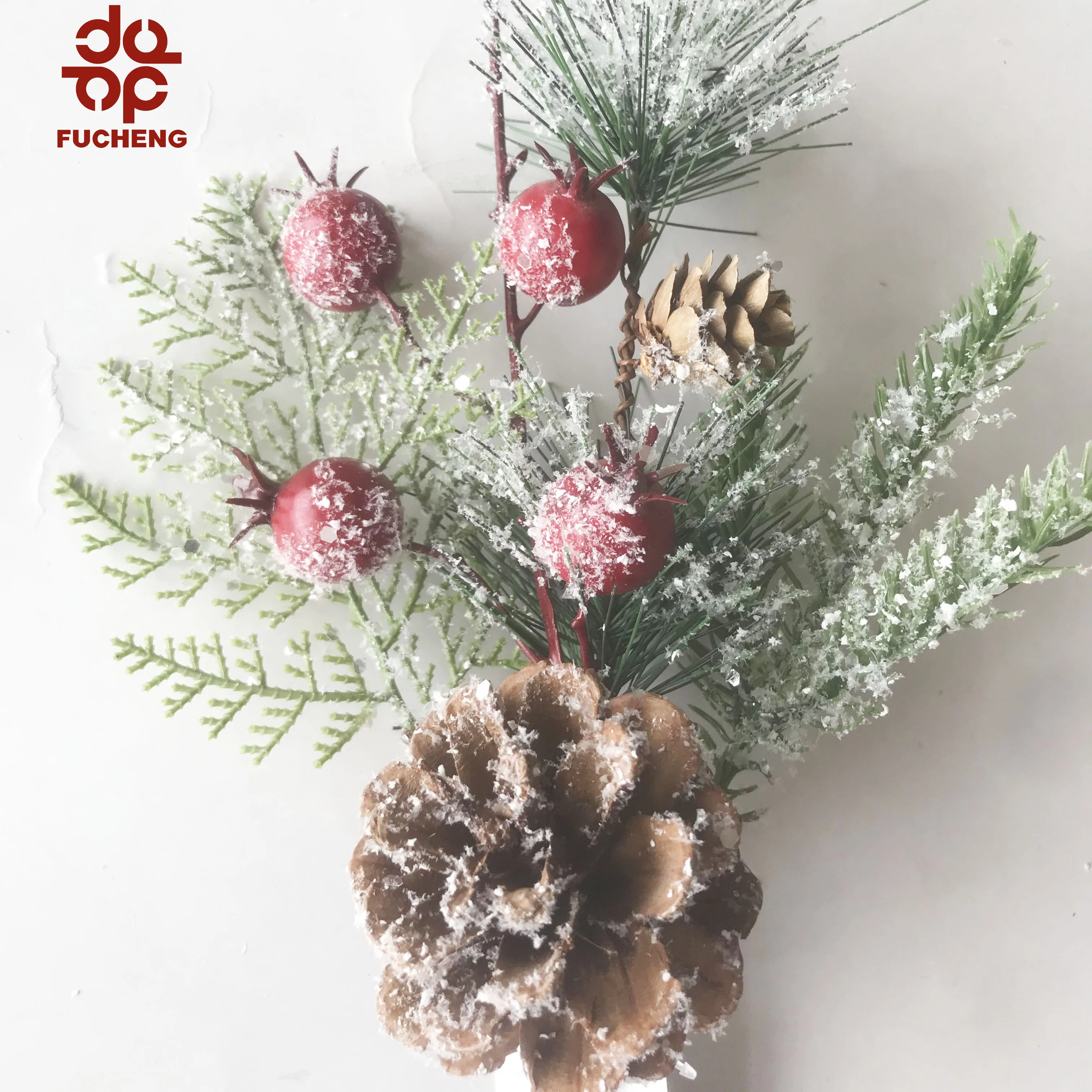 
Hot Selling Artificial Christmas Flower with pine nuts poinsettia berry pine branch with snow for flores de navidad decor 