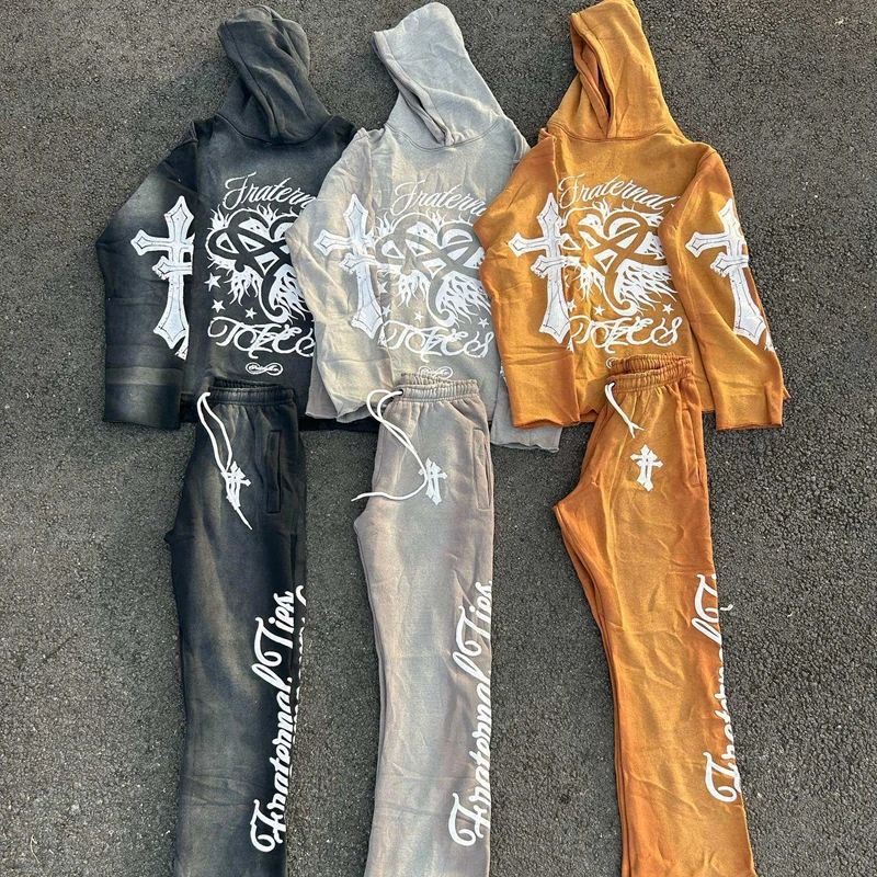 Custom Two Piece Set Vintage Hoodie And Sweatpants Jogger Screen Printing Dtg Sweat Suit Sun faded Acid Wash Men Tracksuit